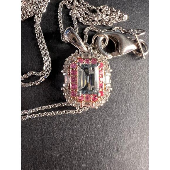 NEW Aquamarine pink sapphire necklace in rhodium and rose gold over 925 silver - Picture 10 of 14